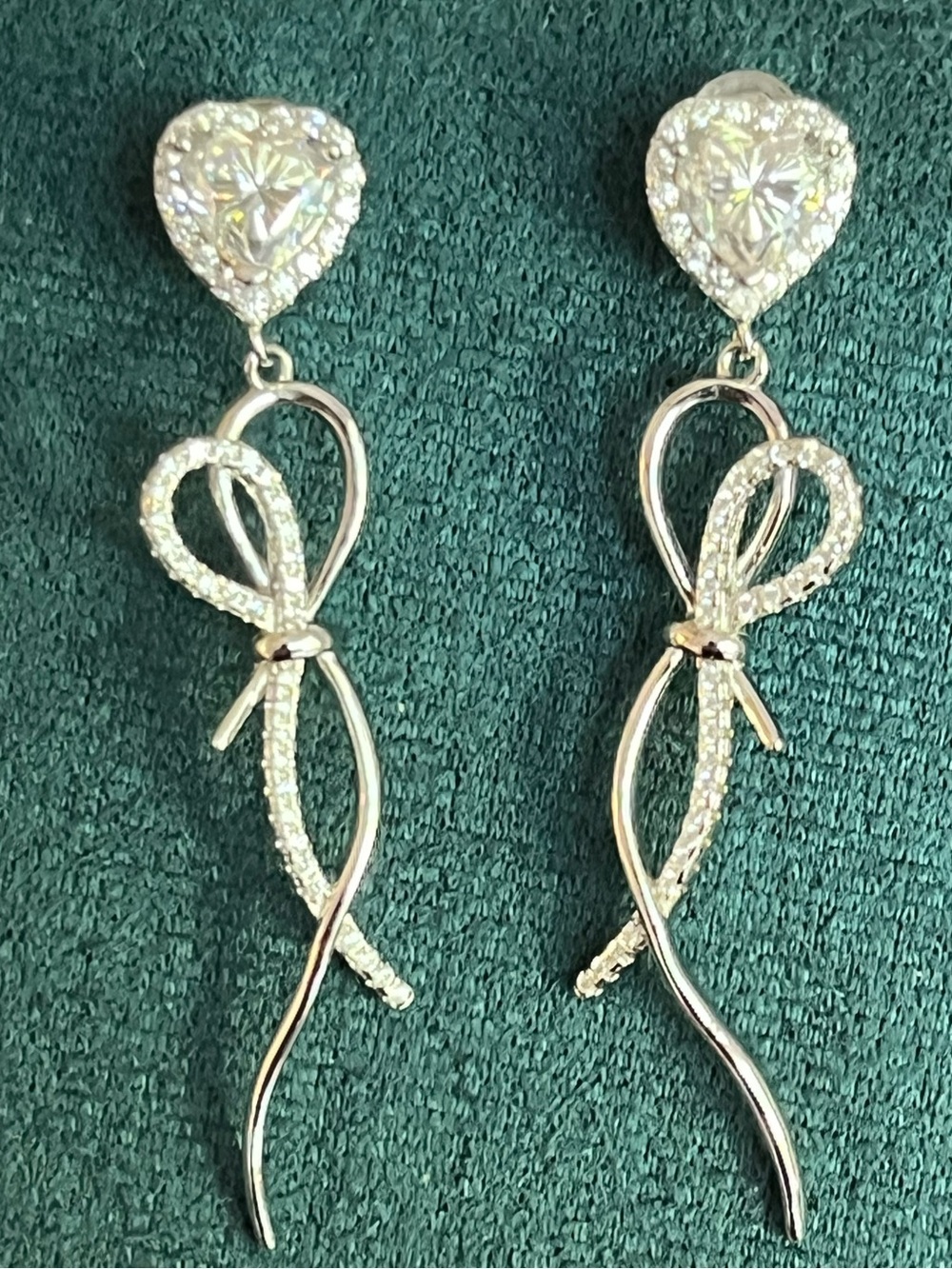 Silver Moissanite Heart Drop Earrings with Bow Motif
